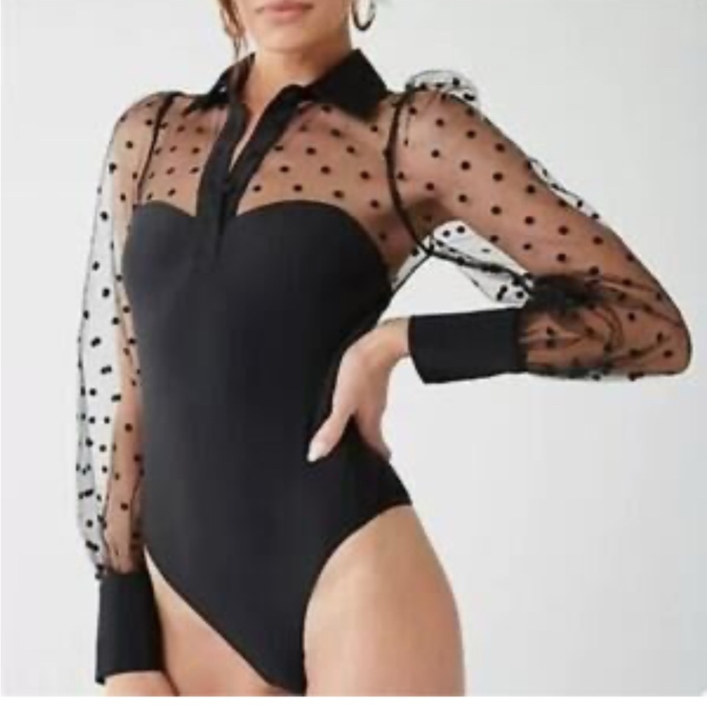 Forever 21 Black Sheer Polka Dot Puff-Sleeve Bodysuit